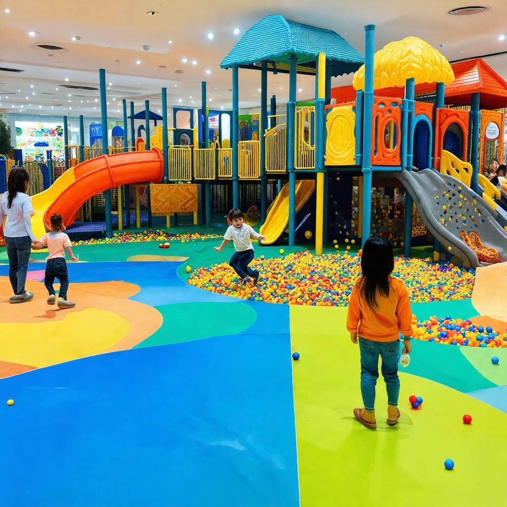 Mô tả khu vui chơi giải trí dành cho trẻ em và gia đình tại Trung tâm thương mại Aeon Mall Tân Phú.