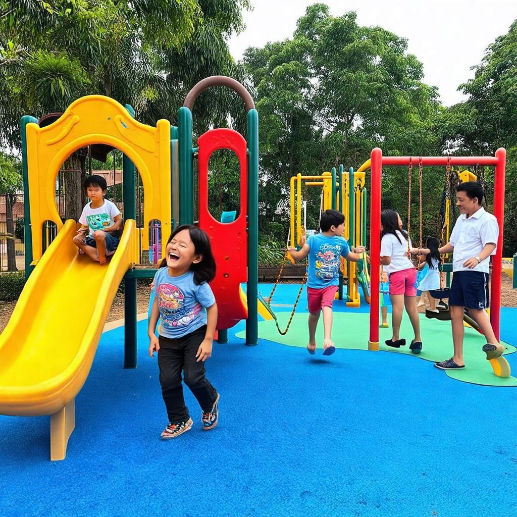 Trẻ em vui đùa an toàn tại khu vui chơi với cầu trượt, xích đu trong Công viên Hoàng Hoa Thám.