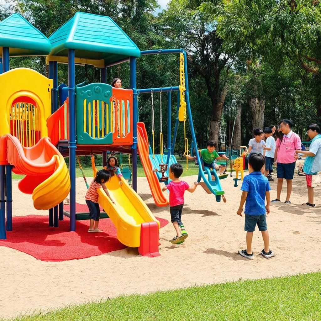 Trẻ em vui chơi trên cầu trượt, xích đu tại khu vui chơi trong Công viên Võ Văn Tần.