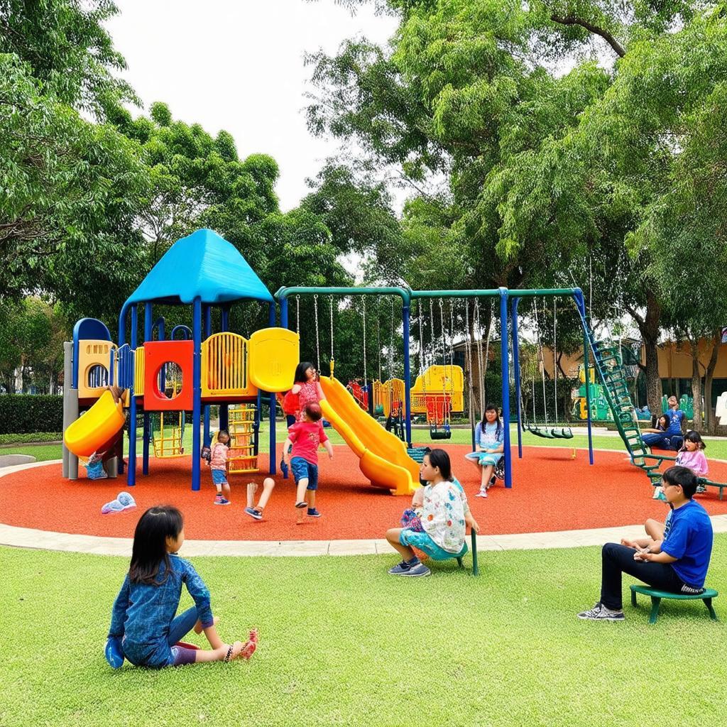 Khu vui chơi trẻ em đầy màu sắc tại công viên, với cầu trượt, xích đu và bãi cỏ cho gia đình picnic.