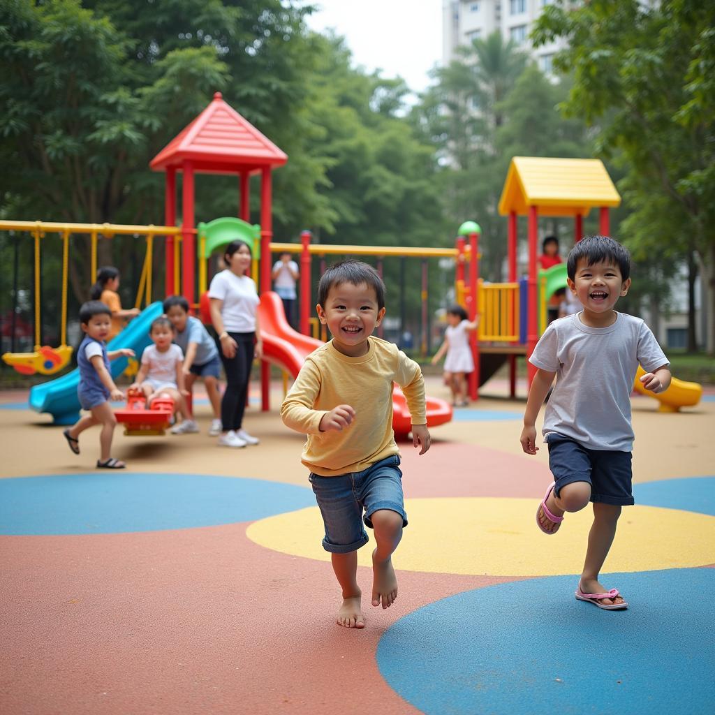 Trẻ em đang vui chơi trên cầu trượt, xích đu tại khu vui chơi trong Công Viên Mỹ Thới.