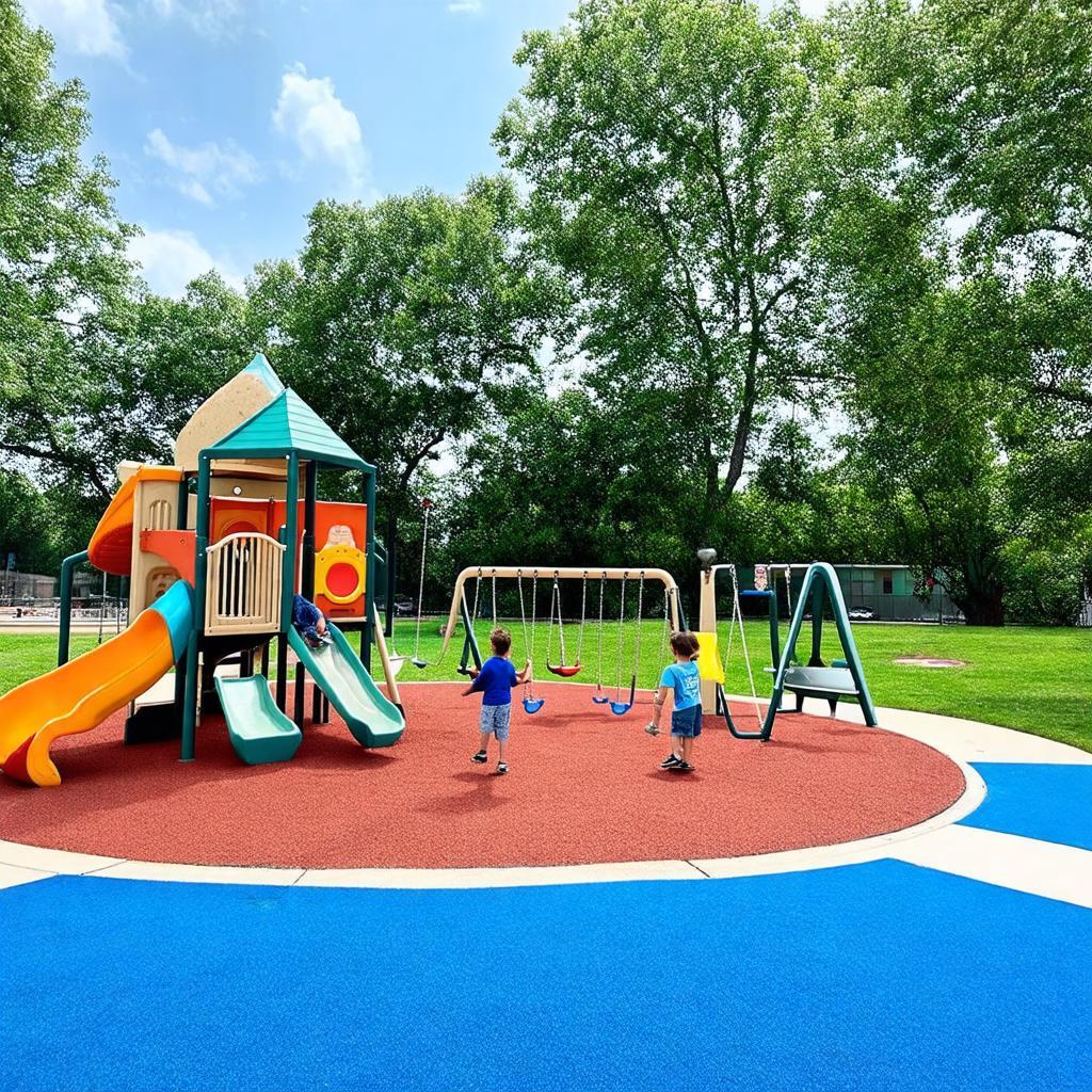 Trẻ em đang vui chơi tại khu vực cầu trượt, xích đu trong Công viên Tân Phước