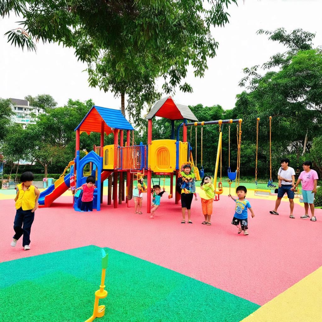 Tre em dang vui choi tren cau truot va xich du tai khu vui choi cong vien