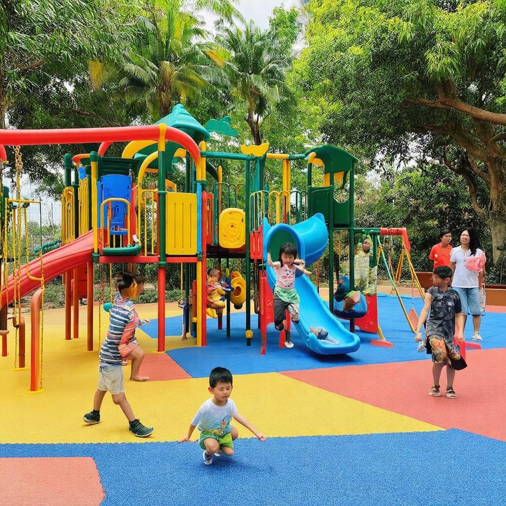 Khu vui chơi trẻ em đầy màu sắc tại Sân Hoàng Minh Giám với cầu trượt và xích đu