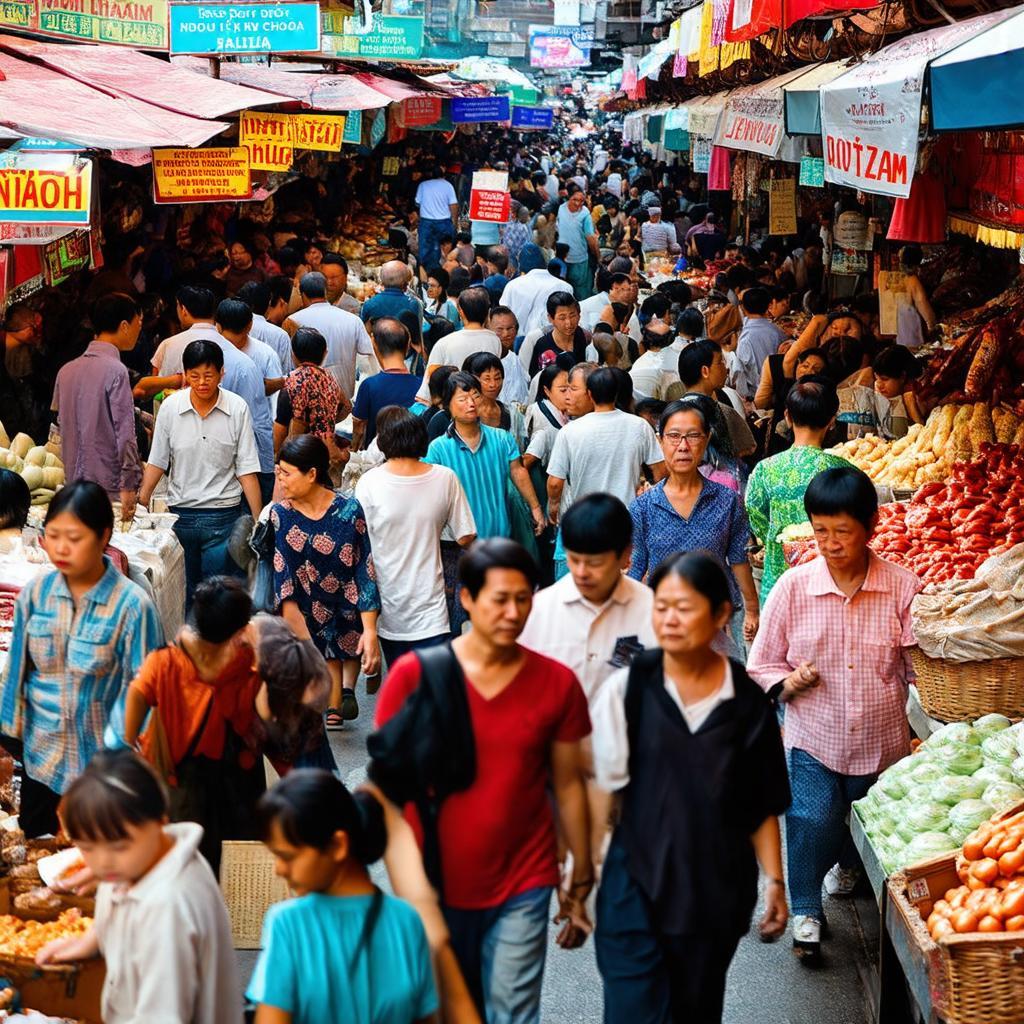 Khuôn mặt và hoạt động của người dân mua sắm tấp nập tại một khu chợ truyền thống