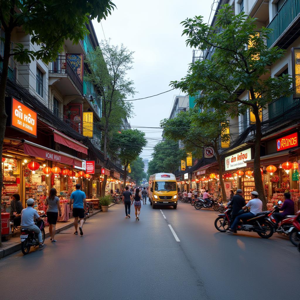 Khung cảnh nhộn nhịp trên phố Bà Triệu, Hoàn Kiếm với các cửa hàng và người đi lại tấp nập
