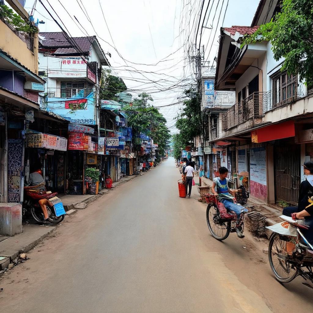 Khung cảnh sinh hoạt đời thường tấp nập trên Đường Nguyễn Đức Trung với cửa hàng và người đi lại