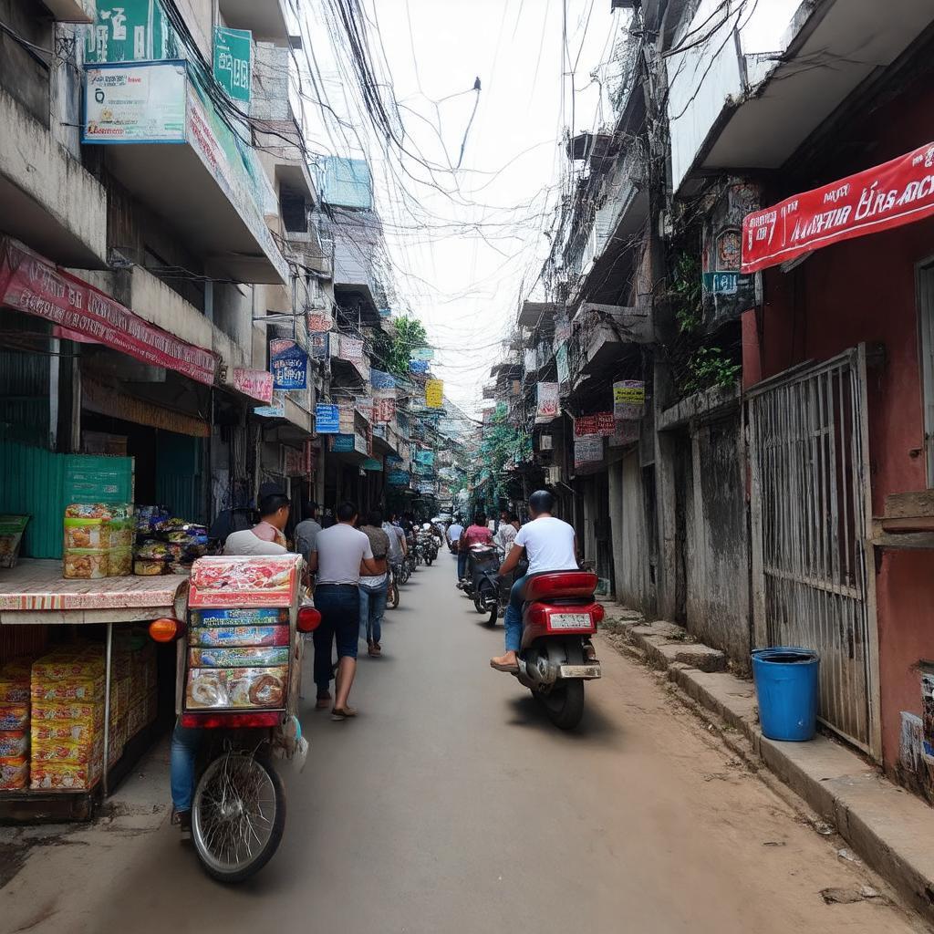 Khung cảnh nhộn nhịp bên trong Hẻm 1041 Trần Xuân Soạn, thể hiện đời sống sinh hoạt với các cửa hàng, quán ăn nhỏ địa phương.