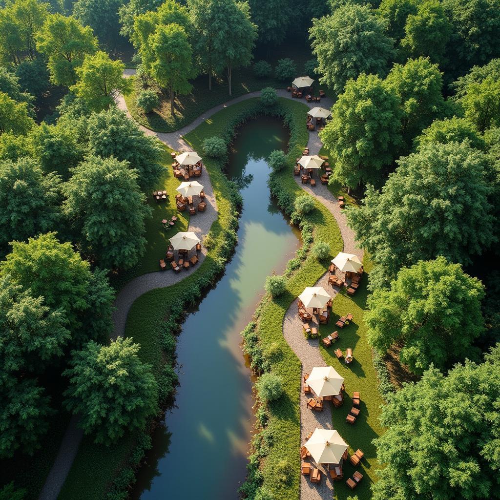Toàn cảnh Suối Rêu Coffee Phú Túc Krông Pa Gia Lai với suối và cây xanh