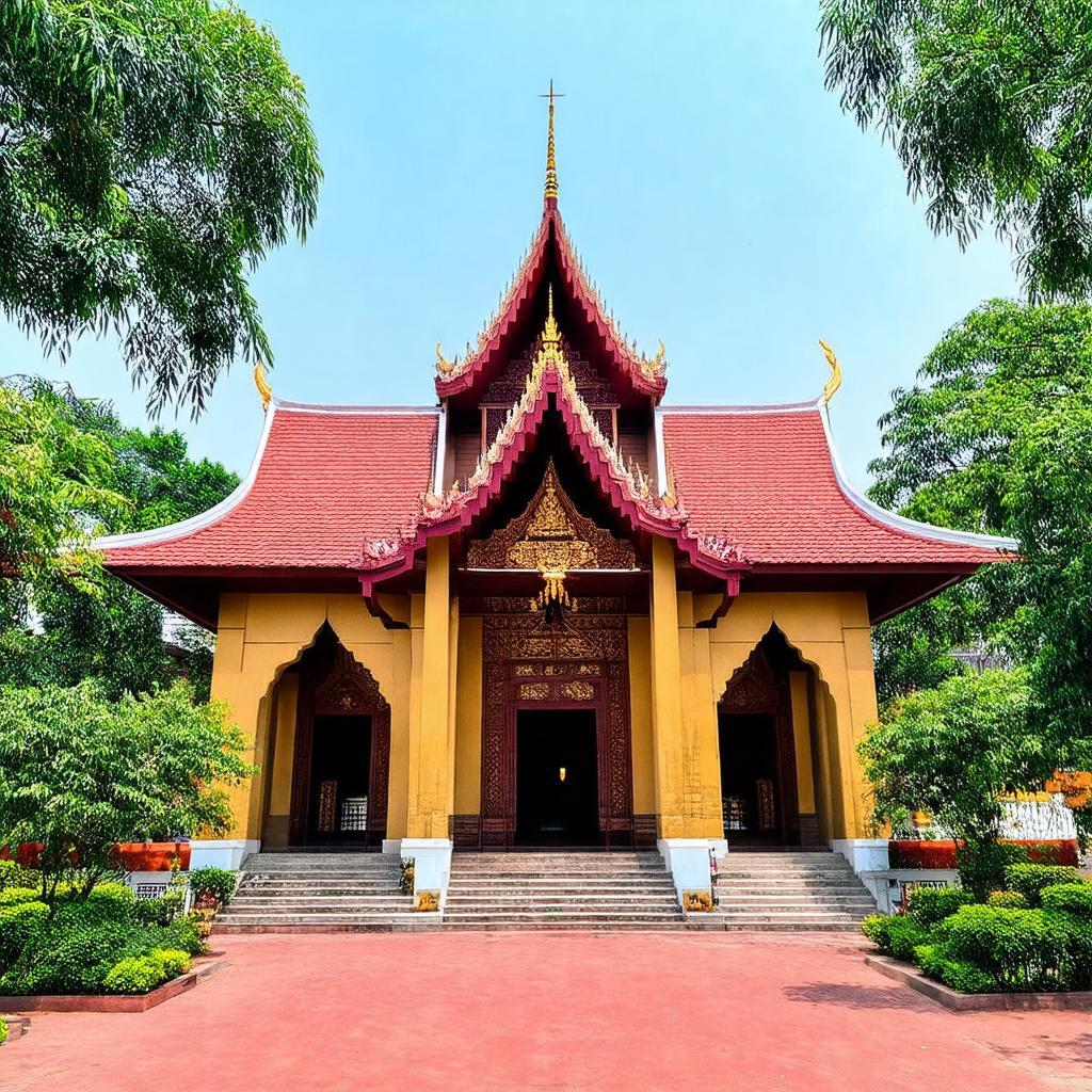 Kiến trúc chính điện trang nghiêm của tu viện Vĩnh Nghiêm Quận 12, với mái cong truyền thống và chi tiết Phật giáo.