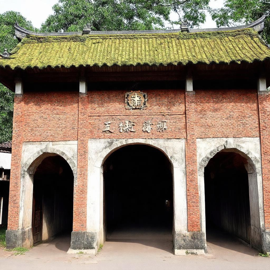 Cổng đình làng Trung Văn với kiến trúc tam quan đặc trưng và mái ngói phủ rêu phong.