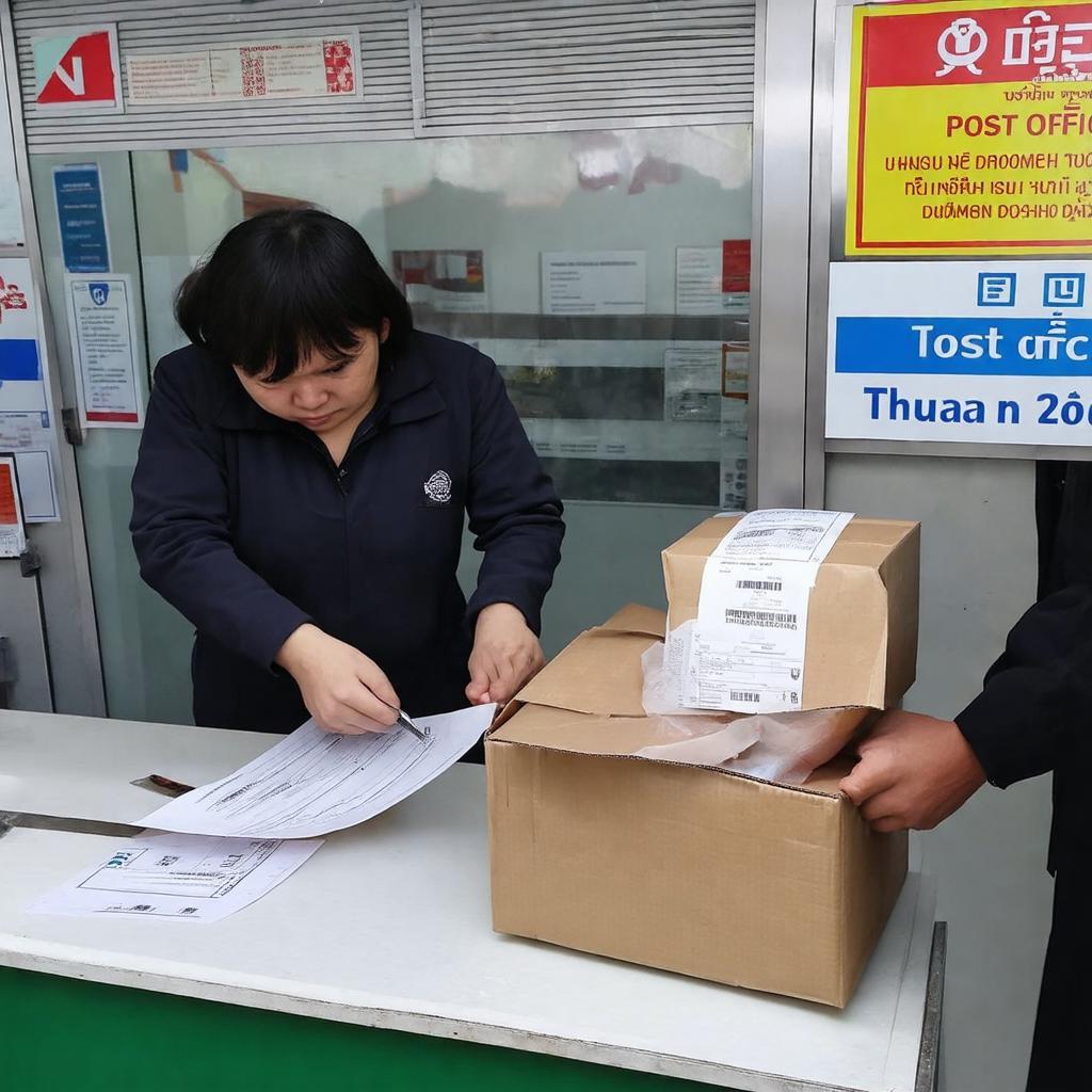 Người dùng đóng gói và chuẩn bị bưu phẩm tại Bưu điện Thuận An để gửi đi nhanh chóng