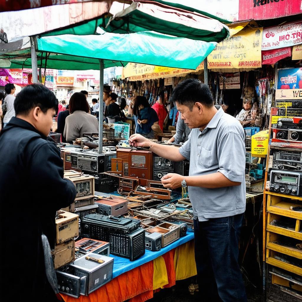 Người mua đang kiểm tra hàng hóa và trả giá tại một quầy điện tử ở Chợ Nhật Tảo.