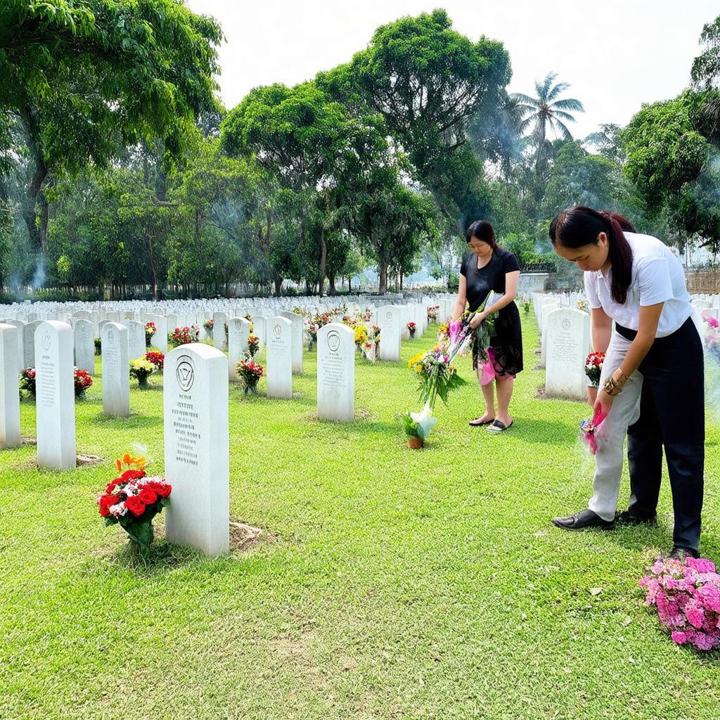 Hinh anh nguoi dan tham vieng va chuan bi le vat tai nghia trang Hoa An