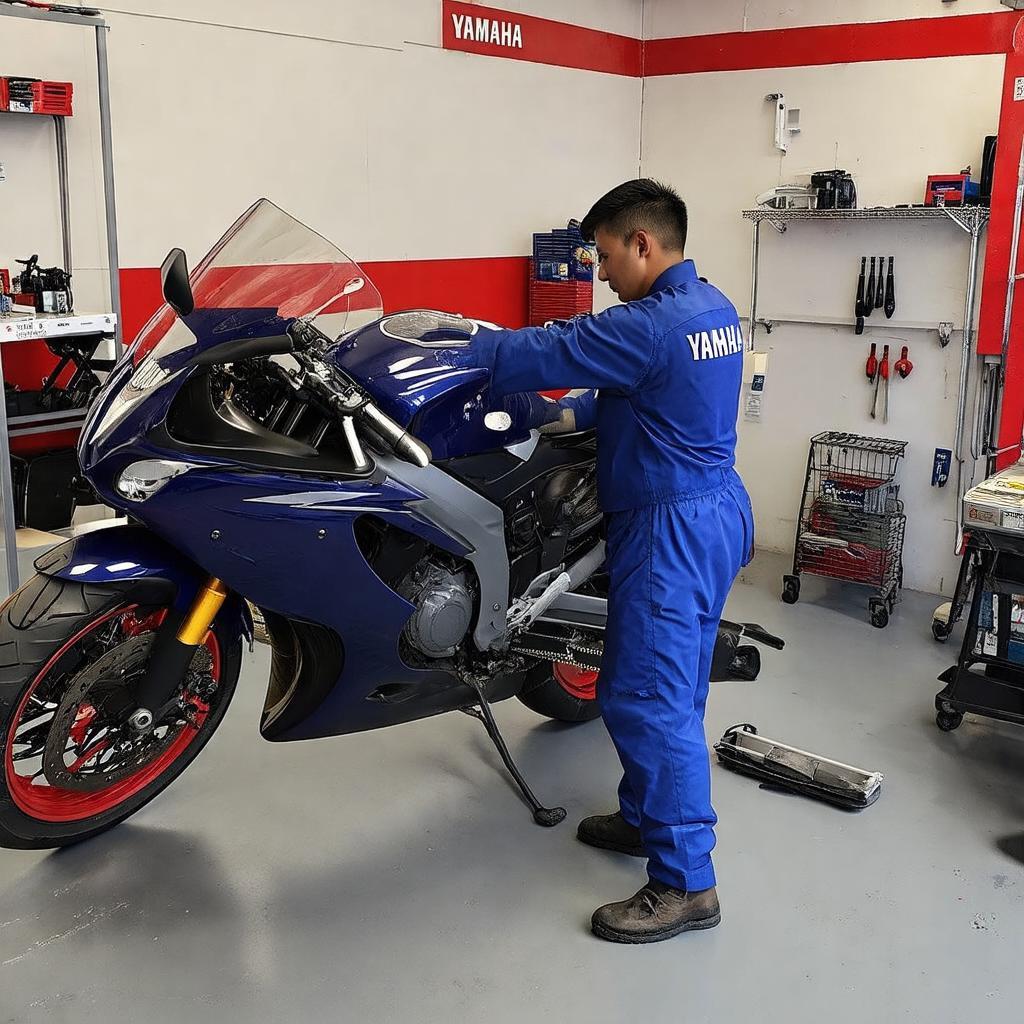 Kỹ thuật viên Yamaha đang bảo dưỡng xe máy tại trung tâm dịch vụ Quận 1