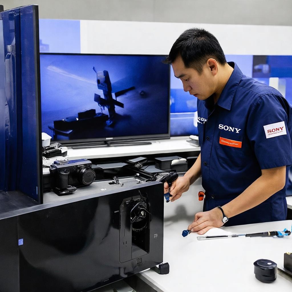 Ky thuat vien chuyen nghiep cua Sony dang kiem tra va sua chua thiet bi tai trung tam.