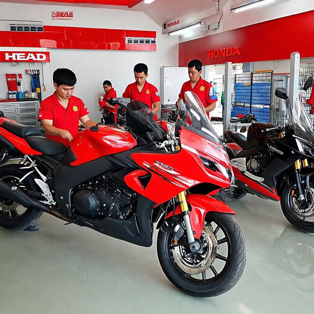 Kỹ thuật viên chuyên nghiệp của HEAD Honda Tường Nguyên 3 đang tỉ mỉ bảo dưỡng xe máy