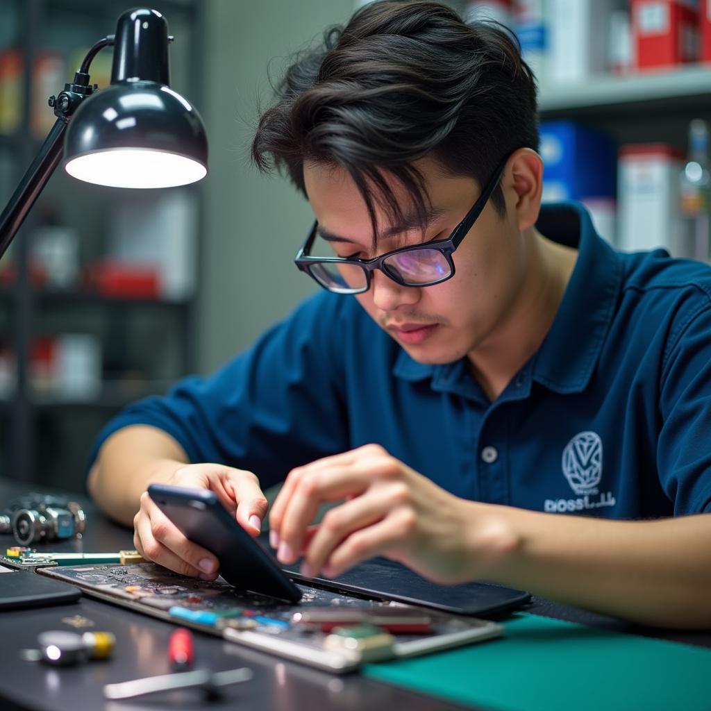 Kỹ thuật viên TechBoss Mobile Bắc Ninh đang kiểm tra điện thoại