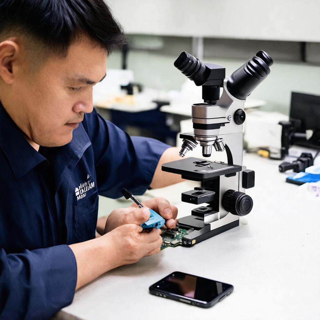 Kỹ thuật viên tại Huỳnh Lâm Mobile đang sửa chữa điện thoại