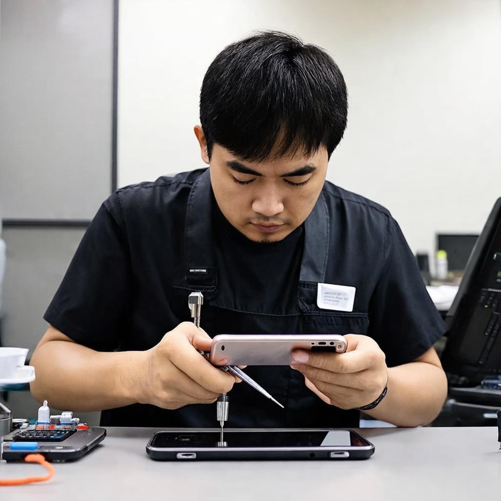 Hình ảnh kỹ thuật viên Nhật Linh Mobile Huế đang tập trung sửa chữa điện thoại bằng công cụ chuyên dụng