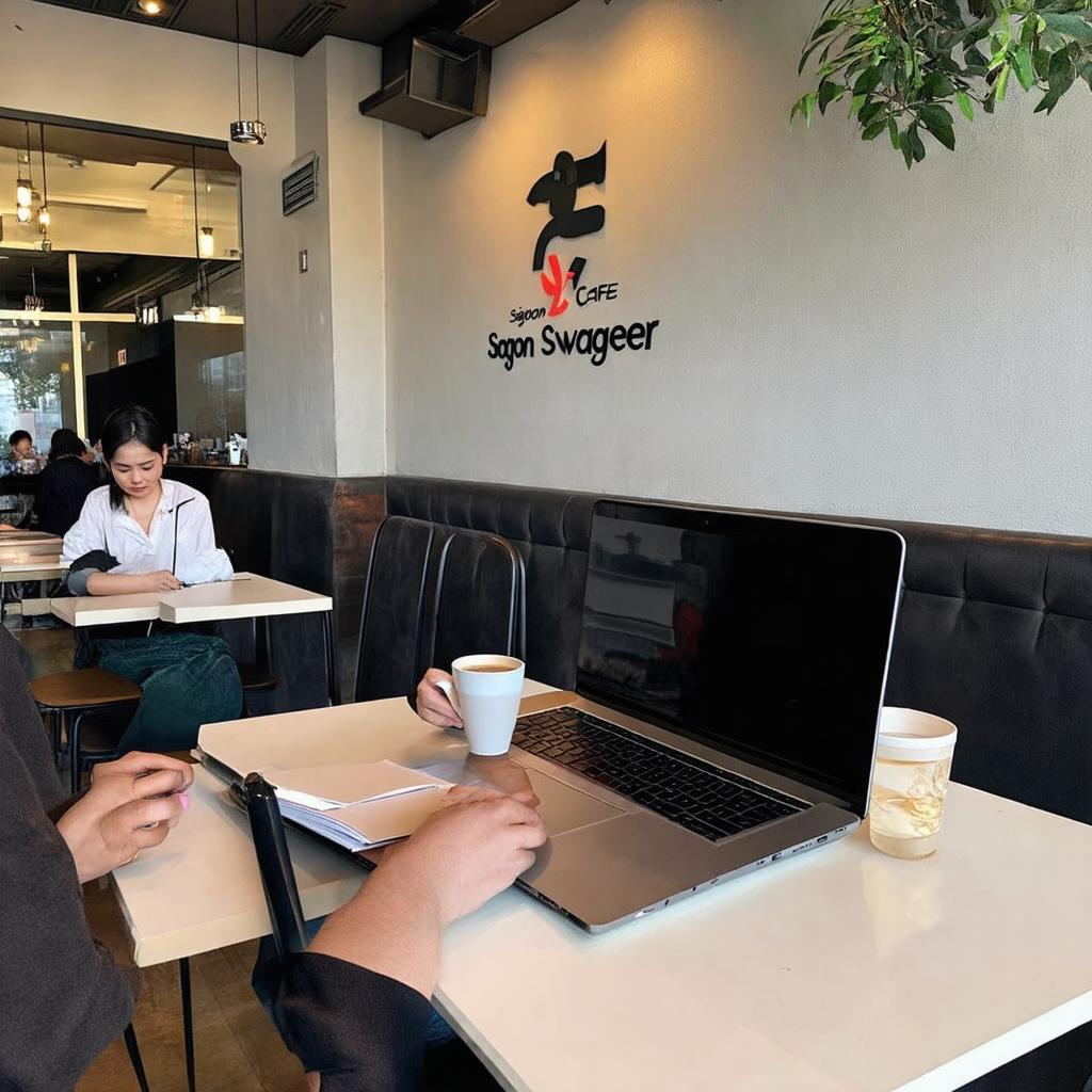 Khách hàng làm việc trên laptop hoặc thưởng thức cà phê trong không gian yên tĩnh tại Saigon Swagger.