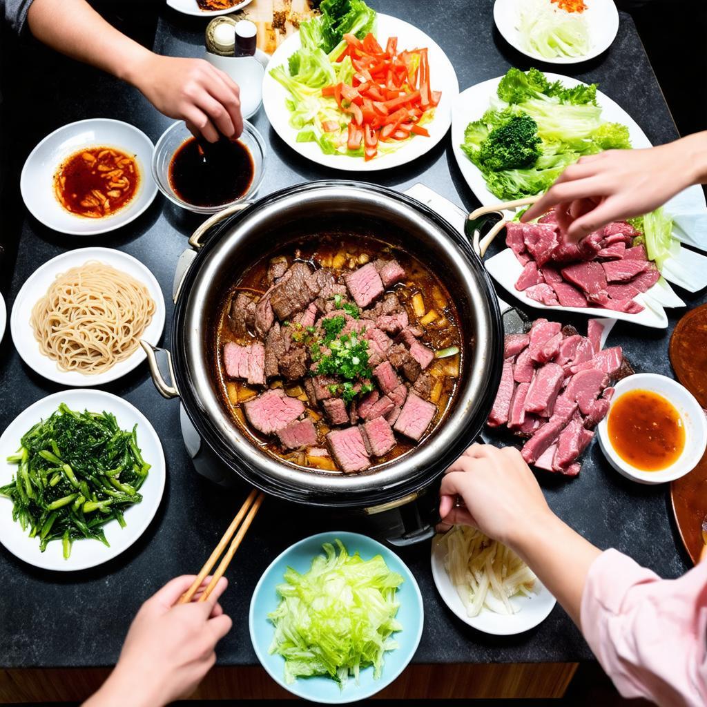 Bàn ăn đầy đặn với nồi lẩu bò hấp dẫn tại Quán Lẩu Bò Ba Toa, Đường Hoàng Diệu, Đà Lạt