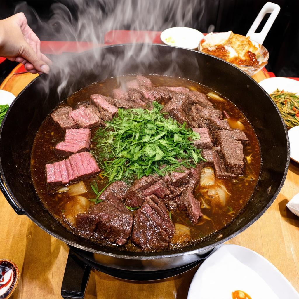 Nồi lẩu bò Thiên Trang ngon đậm đà với nước dùng ngọt thanh và thịt bò tươi ngon.