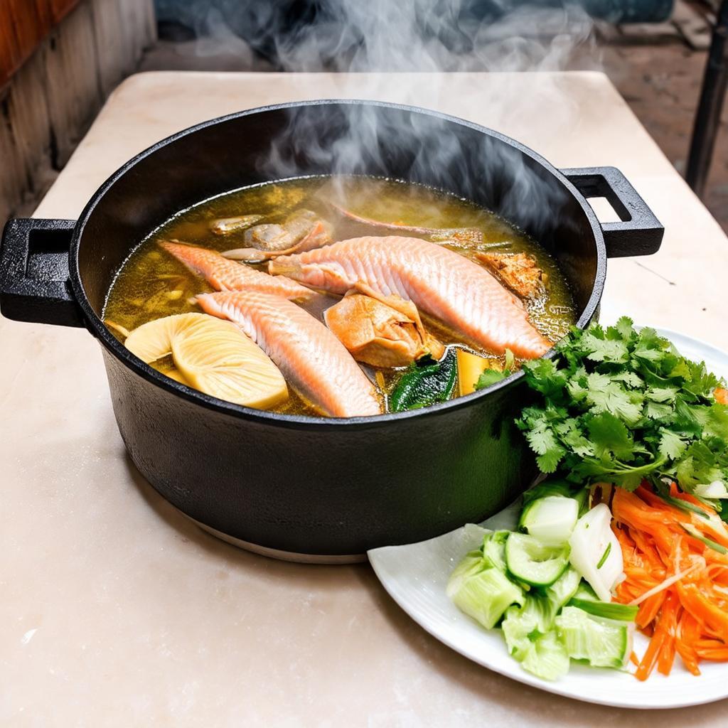 Nồi lẩu cá kèo Thanh Đa nghi ngút khói, nước dùng đặc trưng, cá tươi ngon, rau đắng ăn kèm.