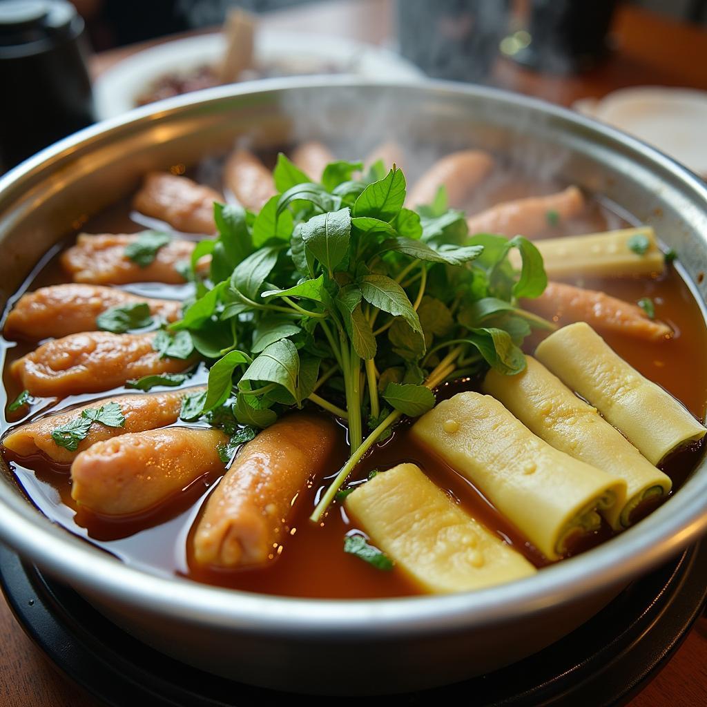 Nồi lẩu ếch măng chua nóng hổi đậm đà chuẩn vị Hà Nội tại quán 38 Trần Quý Kiên.