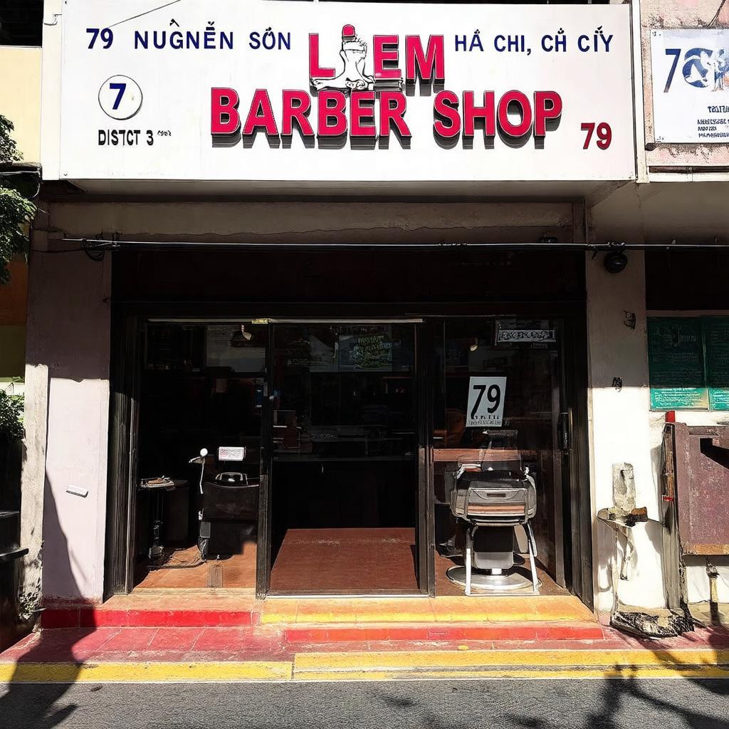 Mặt tiền Liêm Barber Shop tại 79 Nguyễn Sơn Hà, Quận 3 với bảng hiệu đặc trưng.