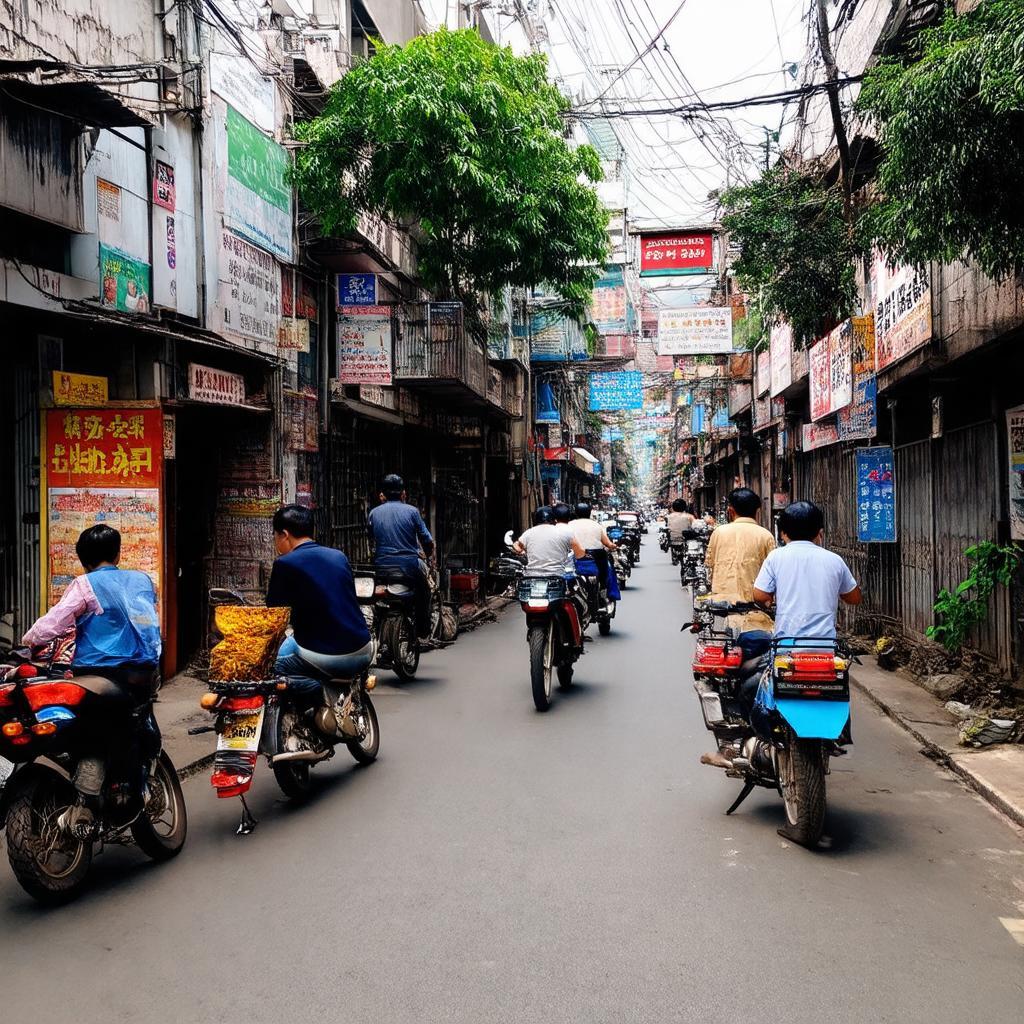 Lối vào Ngõ 281 Trương Định tấp nập xe cộ và người qua lại.