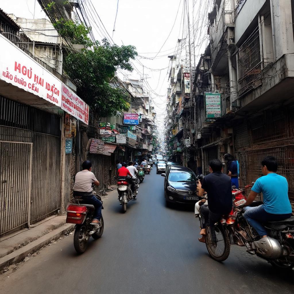 Loi vao ngo 69A Hoang Van Thai nhin tu mat pho dong duc xe co, Ha Noi.