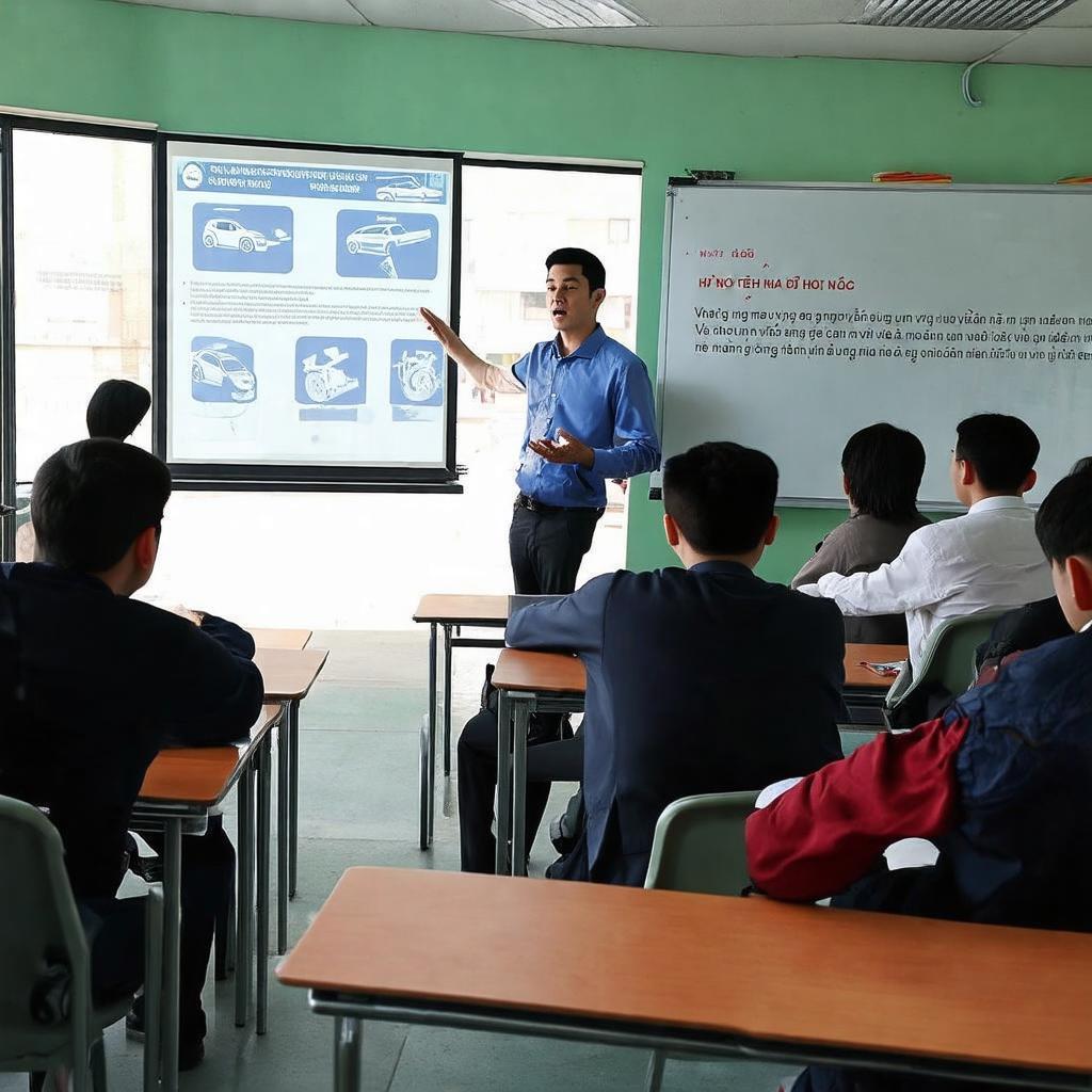 Học viên đang học lý thuyết luật giao thông trong phòng học tại trung tâm dạy lái xe