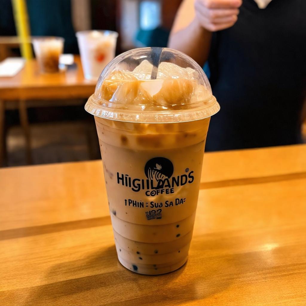 Ly cà phê Phin Sữa Đá đặc trưng của Highlands trên bàn tại quán