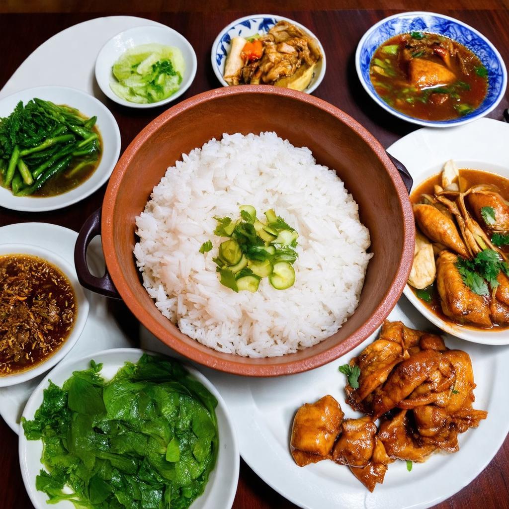 Mâm cơm gia đình Việt đầy đủ với cơm niêu, kho quẹt, cá kho tộ và rau luộc.