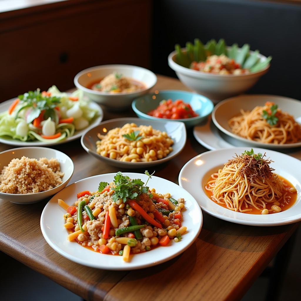 Một bàn đầy đủ các món ăn Thái Lan hấp dẫn tại TukTuk Thai Bistro.