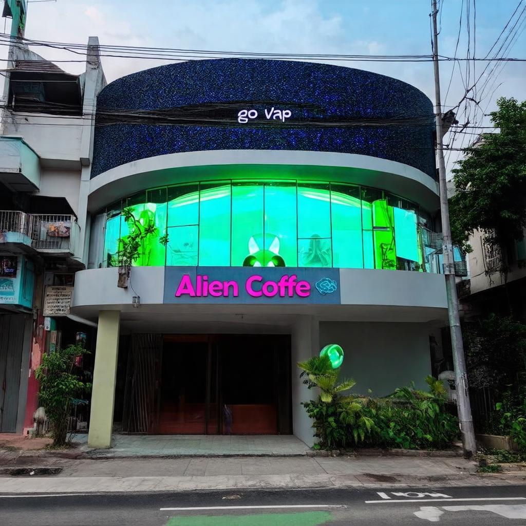 Mặt tiền ấn tượng của Alien Coffee Gò Vấp nổi bật trên phố, kiến trúc độc đáo mang đậm chất ngoài hành tinh.
