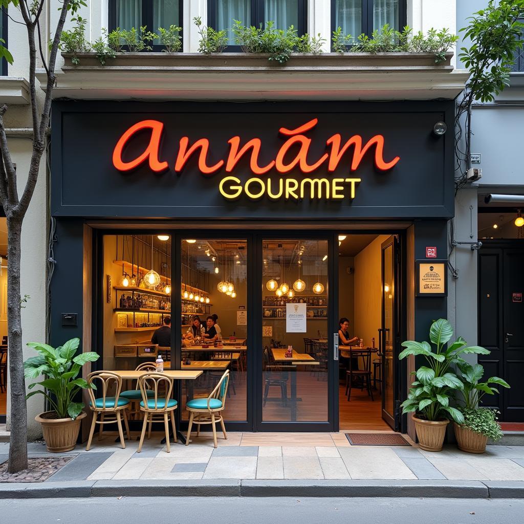 Mặt tiền Annam Gourmet số 18 Hai Bà Trưng, Quận 1 với bảng hiệu và lối vào