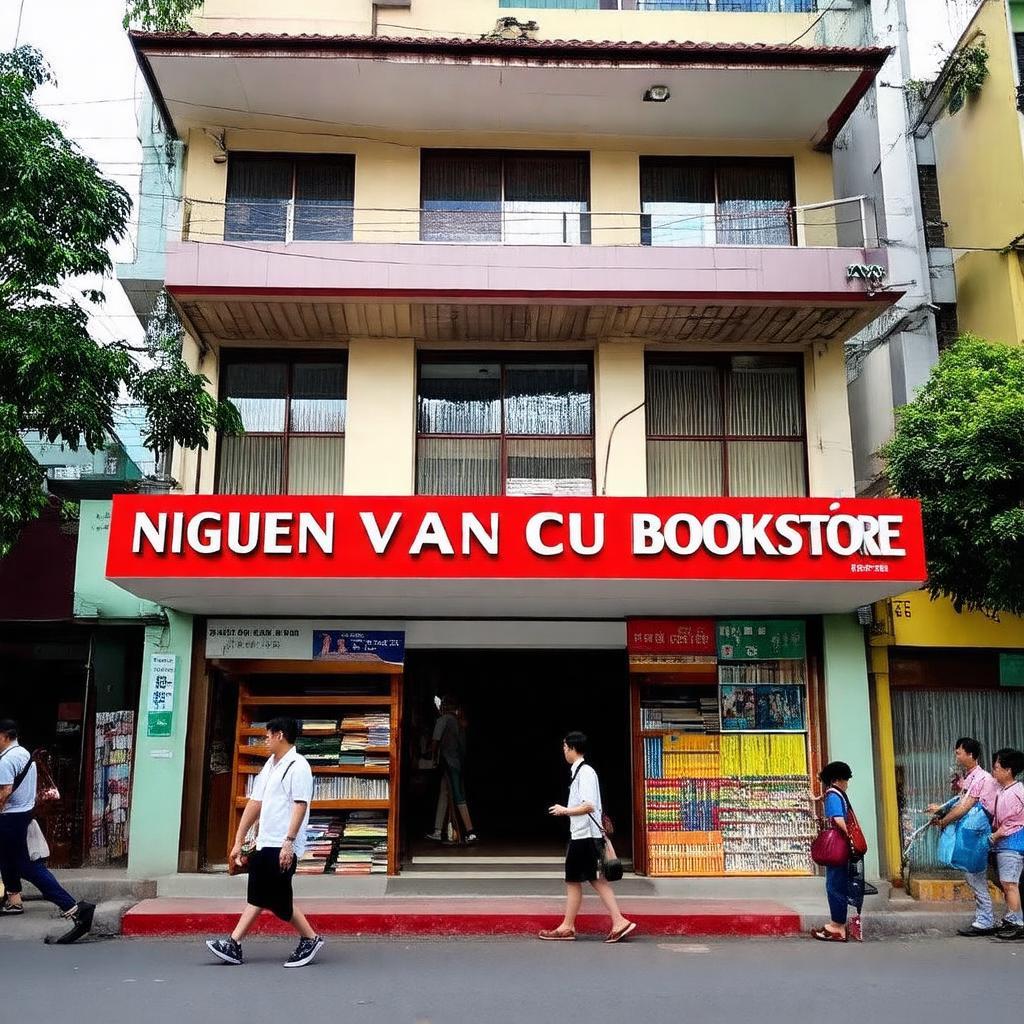 Mặt tiền Nhà sách Nguyễn Văn Cừ tại địa chỉ 331 Phan Châu Trinh Tam Kỳ, khách hàng đang ra vào