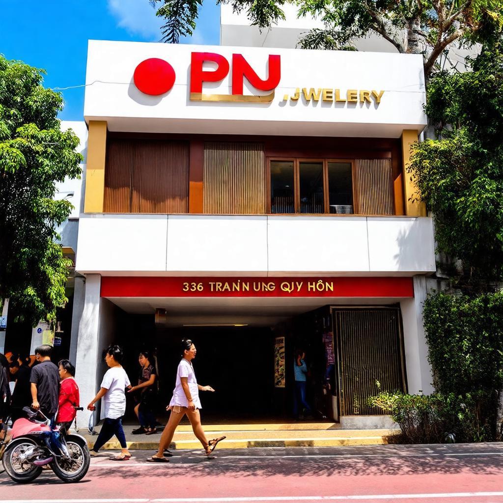 Mặt tiền cửa hàng PNJ Quy Nhơn tại địa chỉ 336 Trần Hưng Đạo trên tuyến đường trung tâm.