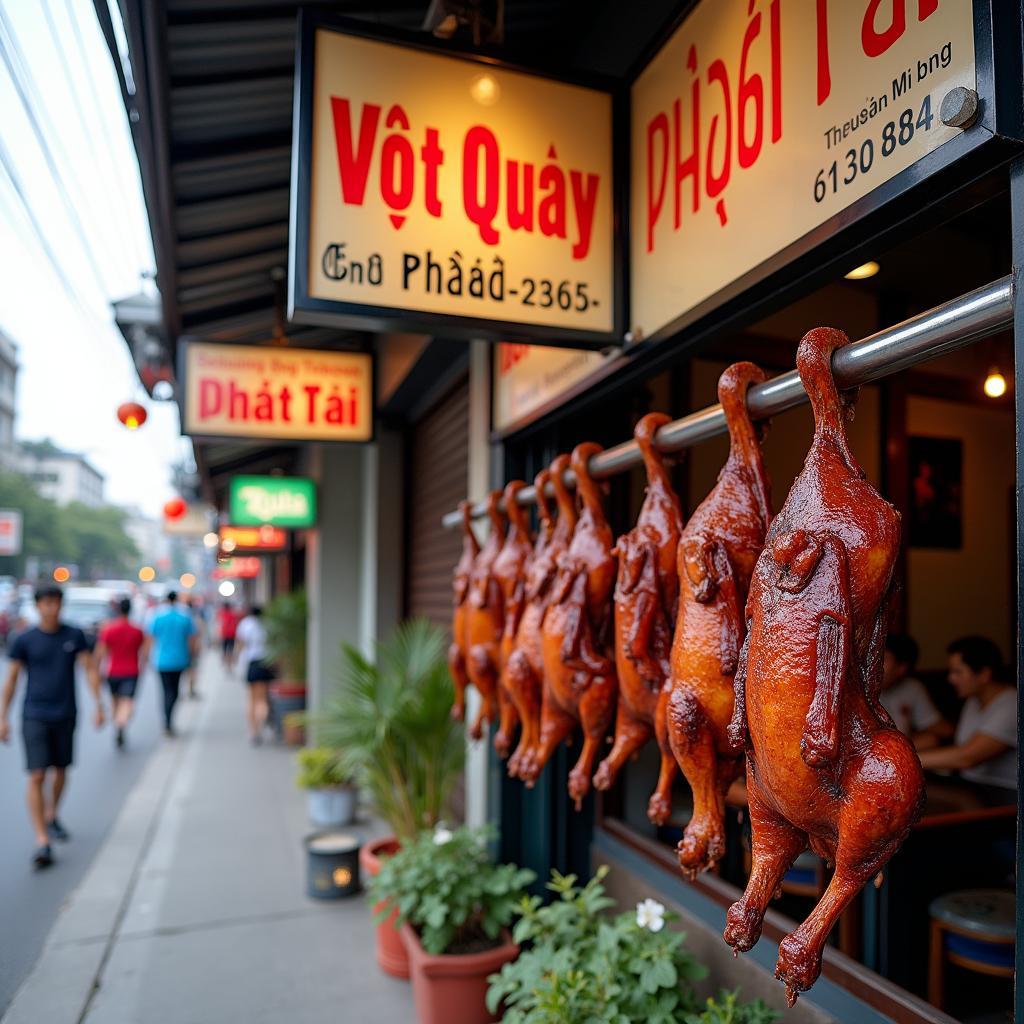 Mặt tiền quán Vịt quay Phát Tài 58 Nguyễn Huy Tự Quận 1 với bảng hiệu rõ ràng và vịt quay treo bên ngoài