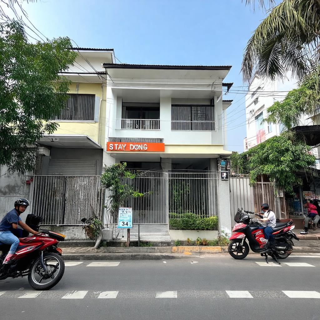 Mặt tiền tòa nhà The Stay Apartment số 34 đường Phù Đổng, Pleiku, thể hiện vị trí trung tâm.