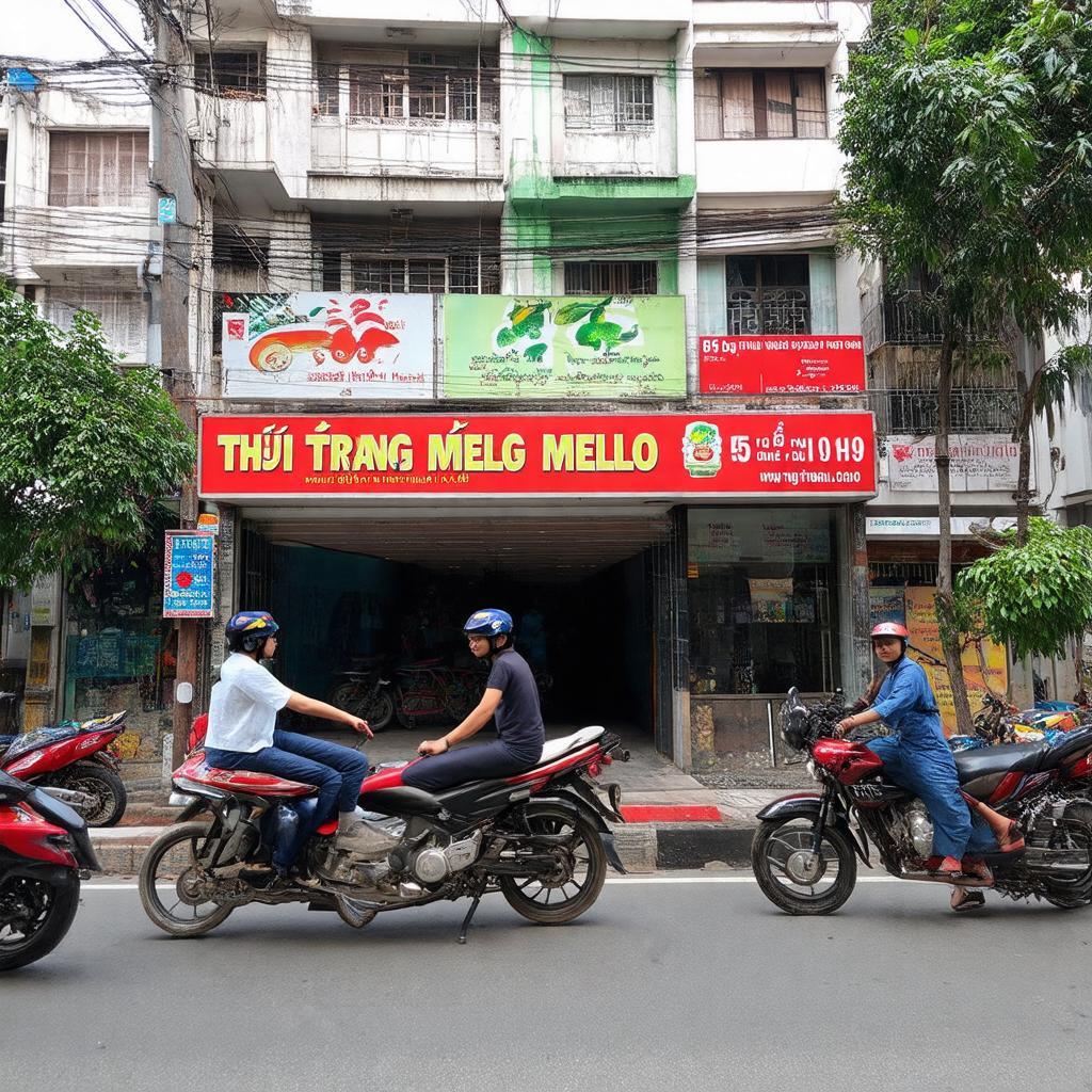 Ảnh mặt tiền cửa hàng Thời Trang Mello 59 Nguyễn Lương Bằng trên con phố tấp nập Hà Nội.