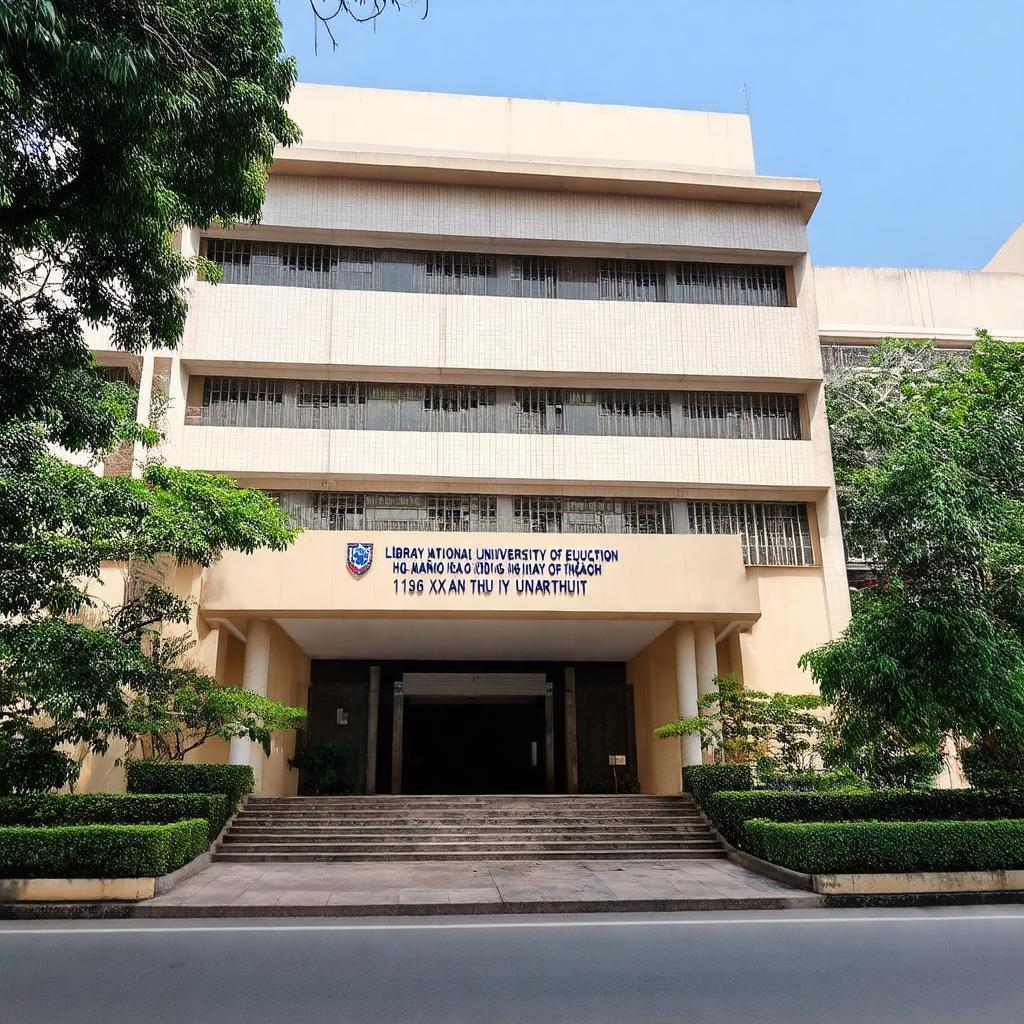 Mặt tiền hiện đại của tòa nhà Thư viện Đại học Sư phạm Hà Nội tại 136 Xuân Thủy.