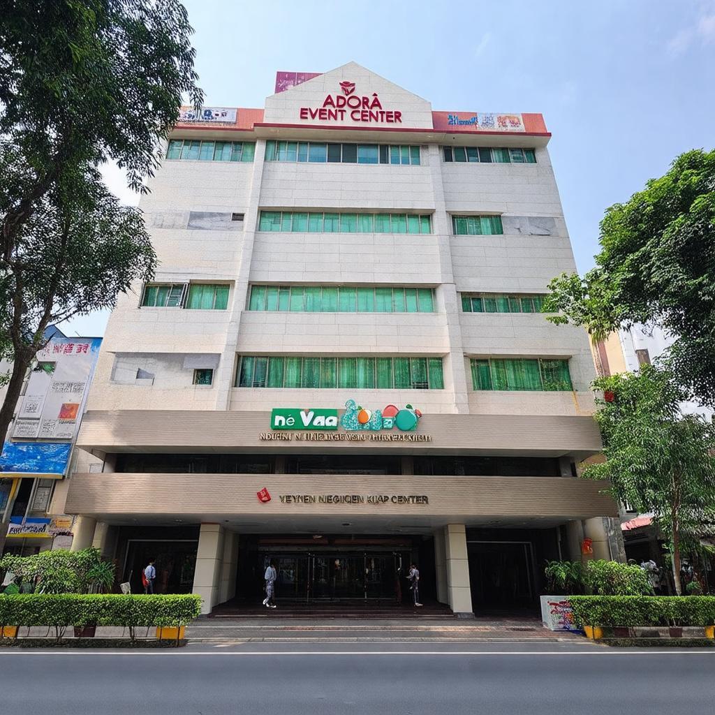 Mặt tiền và bảng hiệu của trung tâm sự kiện The Adora Nguyễn Kiệm tại địa chỉ 371 Nguyễn Kiệm, Gò Vấp.