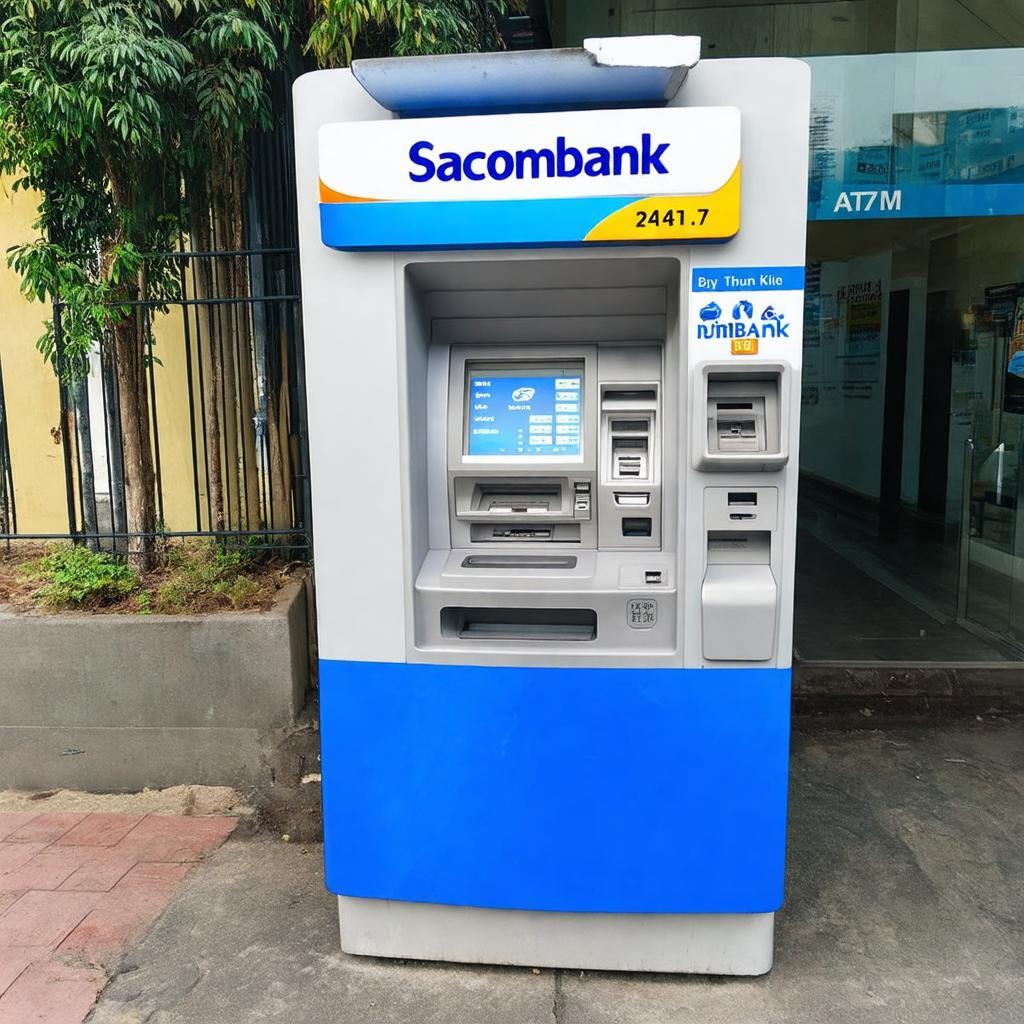 Hinh anh may ATM Sacombank dat ngoai troi, san sang phuc vu khach hang 24/7.