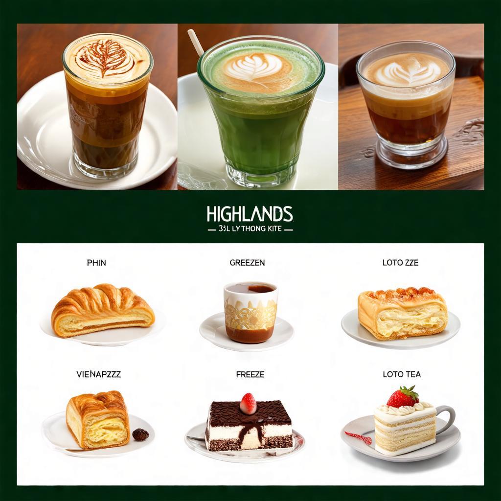 Các món đồ uống và bánh ngọt phổ biến trong menu Highlands Coffee 319 Lý Thường Kiệt.