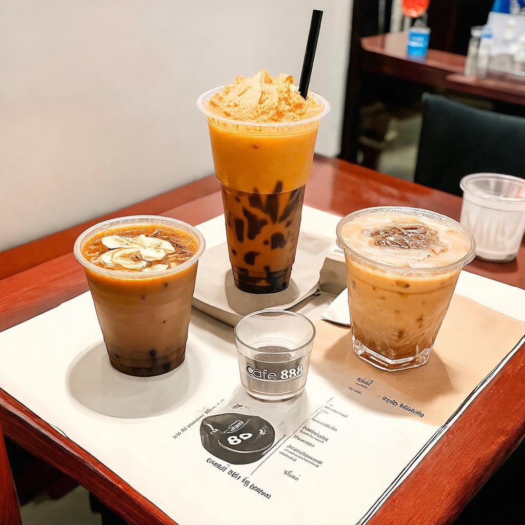 Hình ảnh một vài món đồ uống hấp dẫn từ menu của Café 888, Thủ Dầu Một, Bình Dương, có thể bao gồm cà phê và sinh tố.