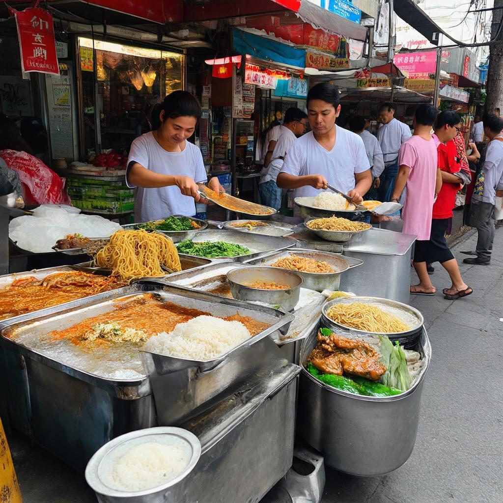 Hình ảnh các món ăn đường phố quen thuộc và hấp dẫn bày bán trên vỉa hè quanh khu chợ.