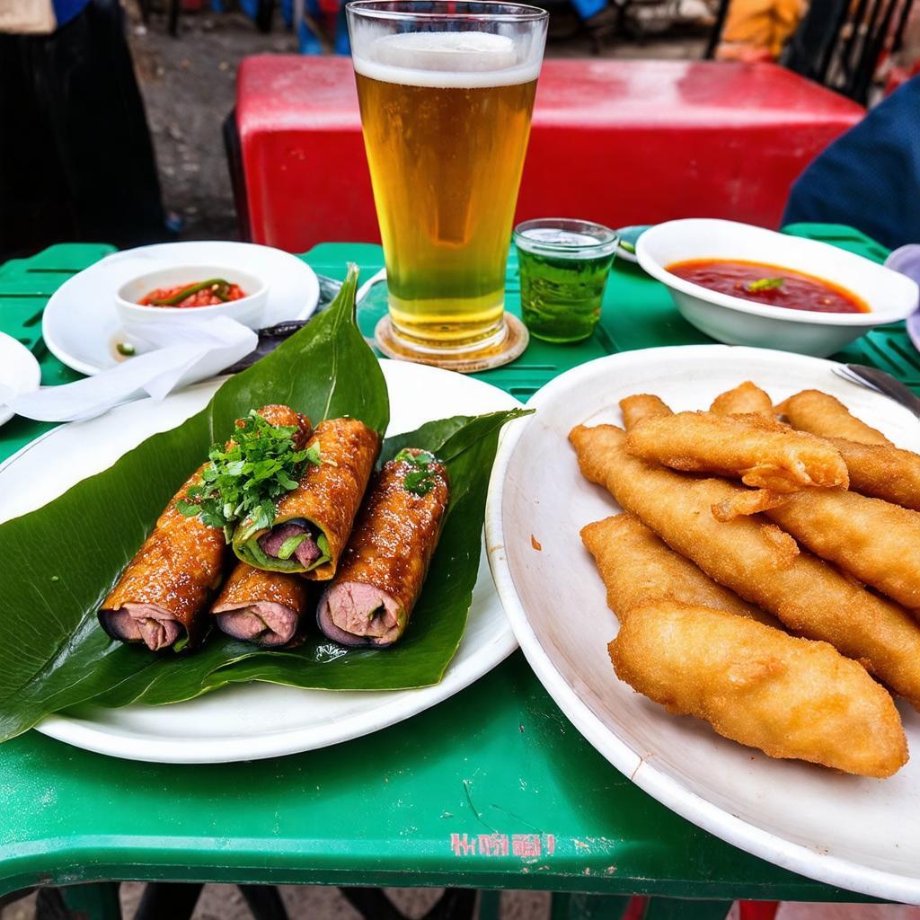 Đĩa Nem Phùng gói lá và Chả cá chiên, hai món nhắm đặc trưng tại quán bia hơi.